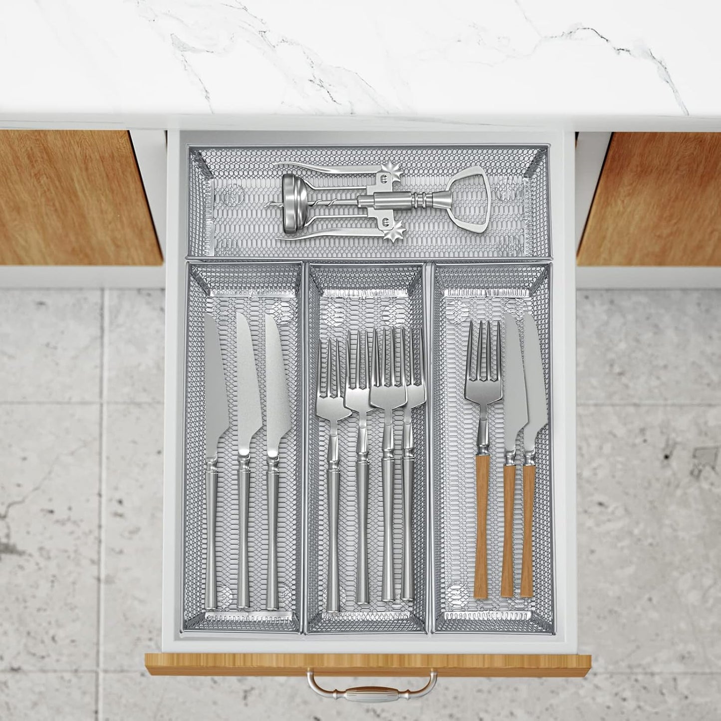 Silverware Organizer, Silver, 9 * 3 * 2 inch, Pack 6 | Mesh Drawer Organizer, Metal Utensil Organizer, For Flatware, Knives, Spoons, Cosmetic