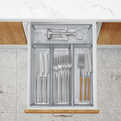 Silverware Organizer, Silver, 9 * 3 * 2 inch, Pack 6 | Mesh Drawer Organizer, Metal Utensil Organizer, For Flatware, Knives, Spoons, Cosmetic