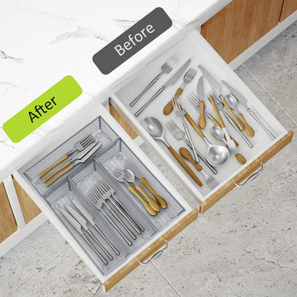 Silverware Organizer, Silver, 9 * 3 * 2 inch, Pack 6 | Mesh Drawer Organizer, Metal Utensil Organizer, For Flatware, Knives, Spoons, Cosmetic