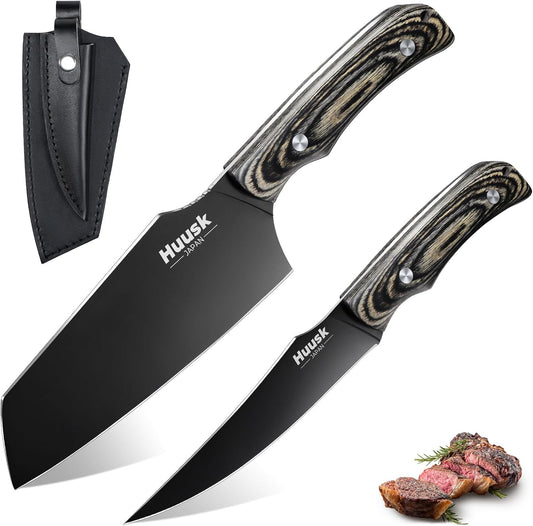 Huusk Butcher Knife Set 2PC - Meat Cleaver & Boning Knife, 2-in-1 Sheath | ATS-34 Steel, Titanium Plated, Natural Wood Grip, Portable Sheath, for Outdoor Camping Thanksgiving Christmas