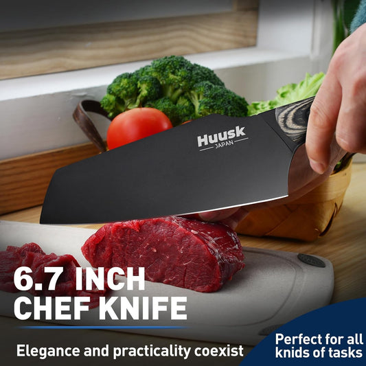Huusk Butcher Knife Set 2PC - Meat Cleaver & Boning Knife, 2-in-1 Sheath | ATS-34 Steel, Titanium Plated, Natural Wood Grip, Portable Sheath, for Outdoor Camping Thanksgiving Christmas