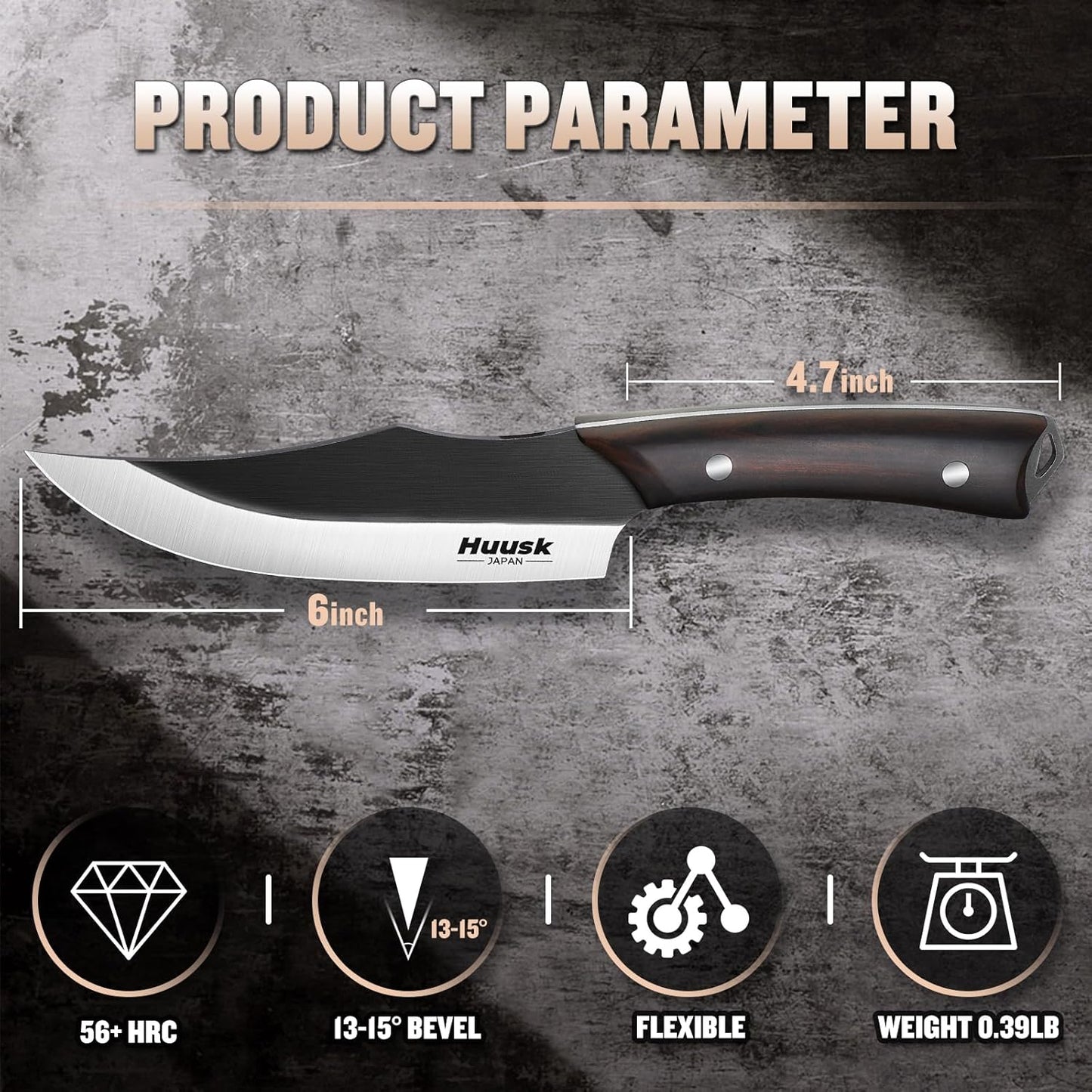 Huusk Butcher Knife Set 2PC - Meat Cleaver & Boning Knife, 2-in-1 Sheath | ATS-34 Steel, Titanium Plated, Natural Wood Grip, Portable Sheath, for Outdoor Camping Thanksgiving Christmas
