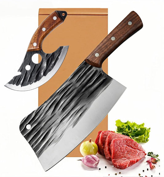 2PCS Meat Cleaver Knife, 7.5 Inch Razor Sharp High Carbon Steel Kitchen Knife, Viking Knife with Leather Sheath, Full Tang Handle, Bone Cleaver for Beef Brisket for Home & Professional Chefs