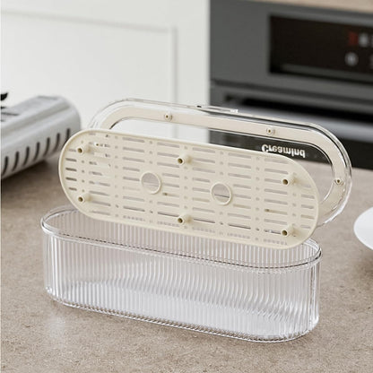 Silverware Organizer with Lid and Drainer, Covered Utensil Tray for Kitchen Drawer and Countertop, Clear Plastic Cutlery and Flatware Storage Box for Spoons Forks Knives Holder Case