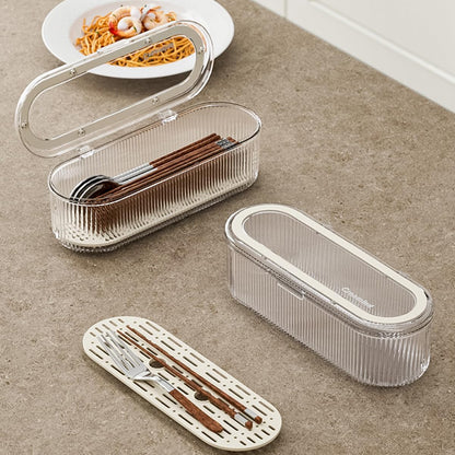 Silverware Organizer with Lid and Drainer, Covered Utensil Tray for Kitchen Drawer and Countertop, Clear Plastic Cutlery and Flatware Storage Box for Spoons Forks Knives Holder Case