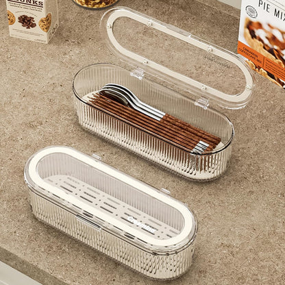Silverware Organizer with Lid and Drainer, Covered Utensil Tray for Kitchen Drawer and Countertop, Clear Plastic Cutlery and Flatware Storage Box for Spoons Forks Knives Holder Case
