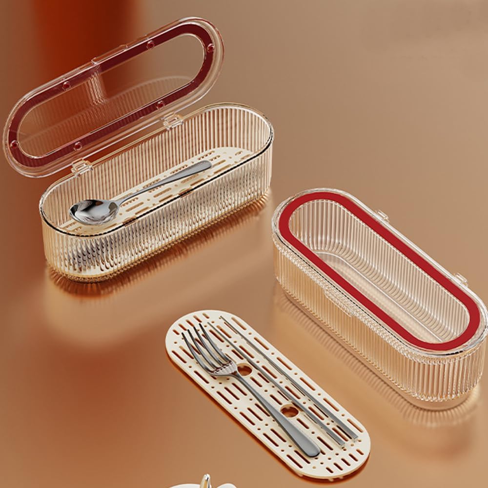 Silverware Organizer with Lid and Drainer, Covered Utensil Tray for Kitchen Drawer and Countertop, Clear Plastic Cutlery and Flatware Storage Box for Spoons Forks Knives Holder Case
