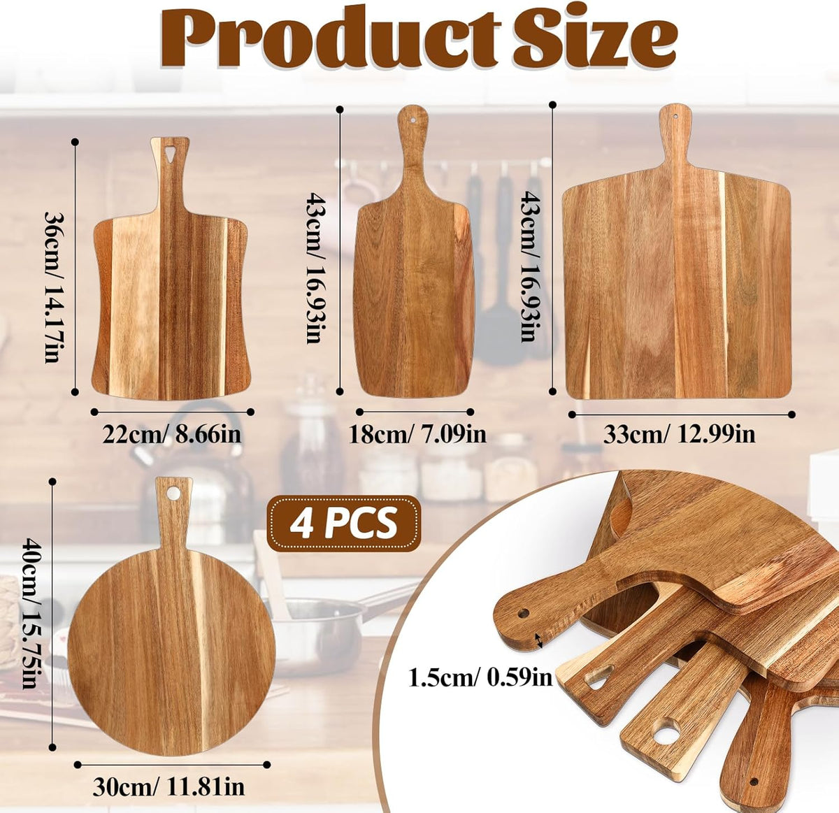 4 PCS Thick Acacia Wood Cutting Board with Handle, Assorted Sizes Large Wooden Charcuterie Boards Set Serving Tray for Cheese, Meat, Pizza, Vegetables, Bread, Kitchen Counter, Dining Room