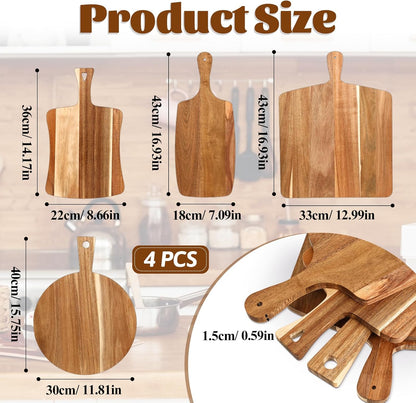 4 PCS Thick Acacia Wood Cutting Board with Handle, Assorted Sizes Large Wooden Charcuterie Boards Set Serving Tray for Cheese, Meat, Pizza, Vegetables, Bread, Kitchen Counter, Dining Room