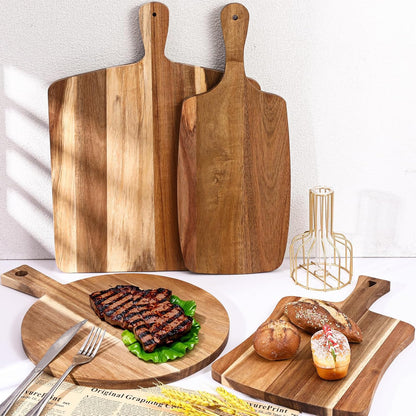 4 PCS Thick Acacia Wood Cutting Board with Handle, Assorted Sizes Large Wooden Charcuterie Boards Set Serving Tray for Cheese, Meat, Pizza, Vegetables, Bread, Kitchen Counter, Dining Room