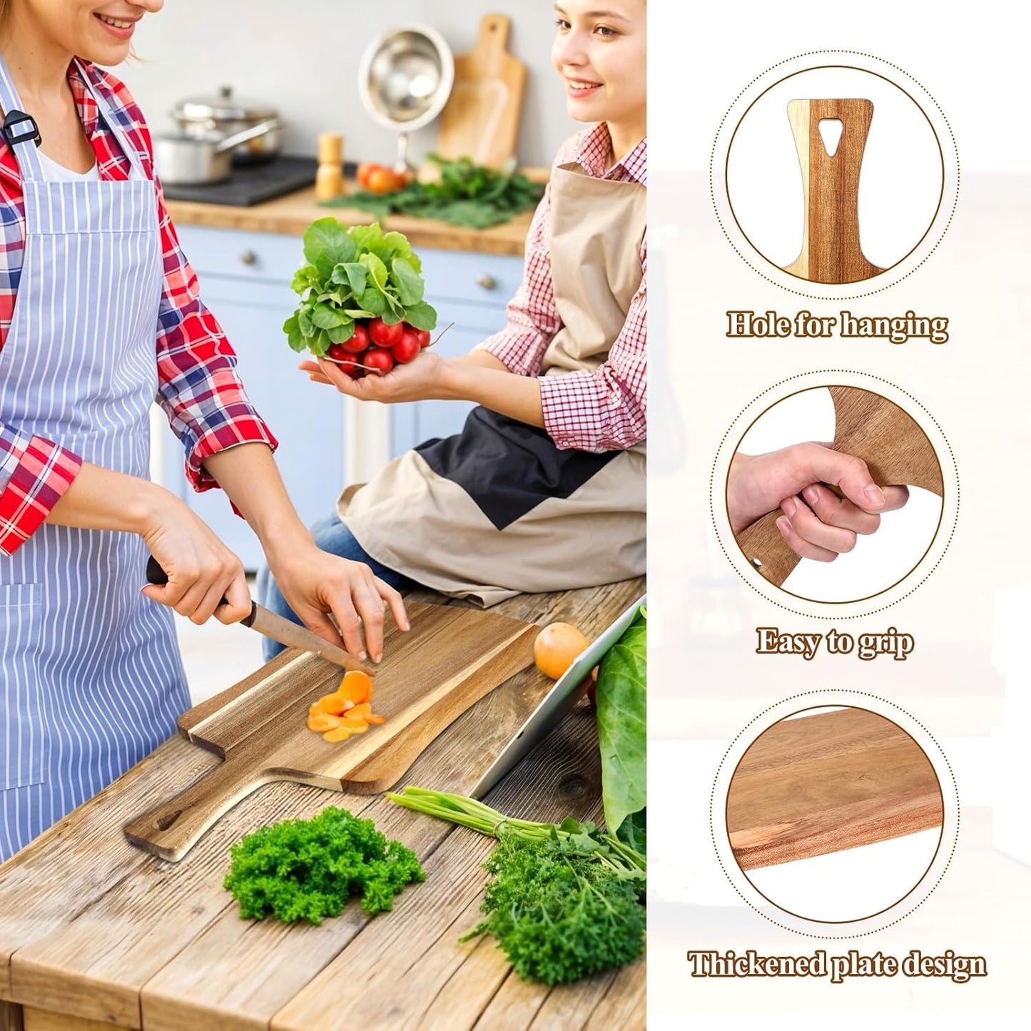 4 PCS Thick Acacia Wood Cutting Board with Handle, Assorted Sizes Large Wooden Charcuterie Boards Set Serving Tray for Cheese, Meat, Pizza, Vegetables, Bread, Kitchen Counter, Dining Room