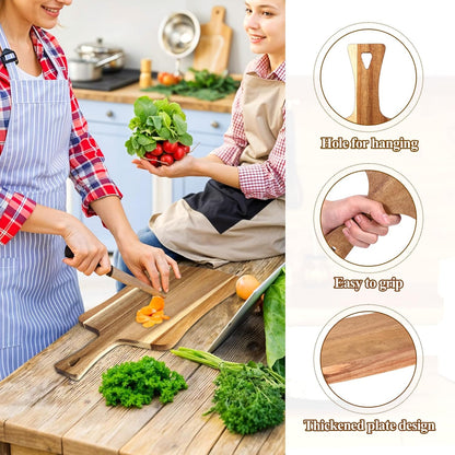 4 PCS Thick Acacia Wood Cutting Board with Handle, Assorted Sizes Large Wooden Charcuterie Boards Set Serving Tray for Cheese, Meat, Pizza, Vegetables, Bread, Kitchen Counter, Dining Room
