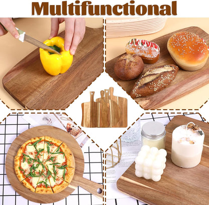 4 PCS Thick Acacia Wood Cutting Board with Handle, Assorted Sizes Large Wooden Charcuterie Boards Set Serving Tray for Cheese, Meat, Pizza, Vegetables, Bread, Kitchen Counter, Dining Room