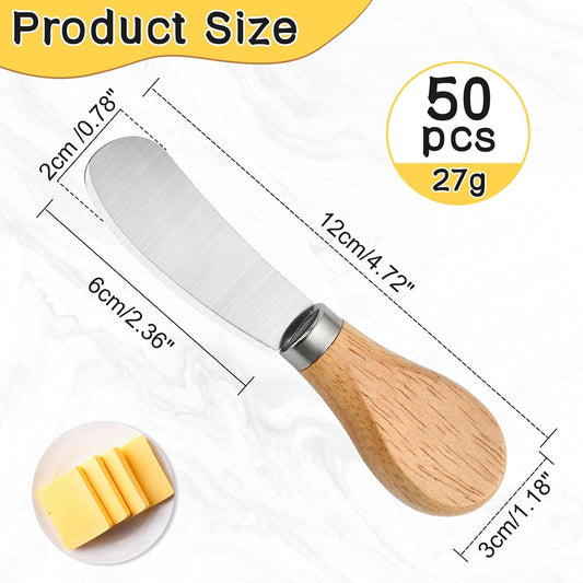 50 Pcs Cheese Spreader Knives, 4.72 Inch Cheese Spreader Knives with Wooden Handle, Stainless Steel Cheese Knives for Charcuterie Board, Sandwich, Appetizers, Cocktail Spreading