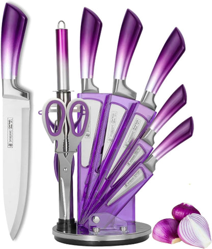 Elegant Purple 9-Piece Kitchen Knife Set with with Acrylic Block | Sharpener,Scissors,Dishwasher Safe Non Rust Sharp Stainless Steel Chef Knife Block Set,Gifts for Women Cooking