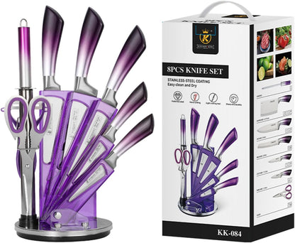 Elegant Purple 9-Piece Kitchen Knife Set with with Acrylic Block | Sharpener,Scissors,Dishwasher Safe Non Rust Sharp Stainless Steel Chef Knife Block Set,Gifts for Women Cooking