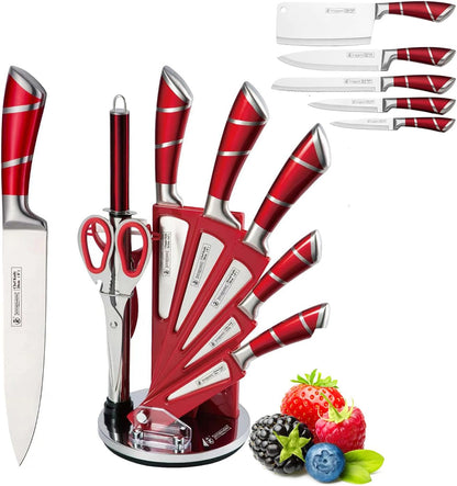 Elegant Purple 9-Piece Kitchen Knife Set with with Acrylic Block | Sharpener,Scissors,Dishwasher Safe Non Rust Sharp Stainless Steel Chef Knife Block Set,Gifts for Women Cooking