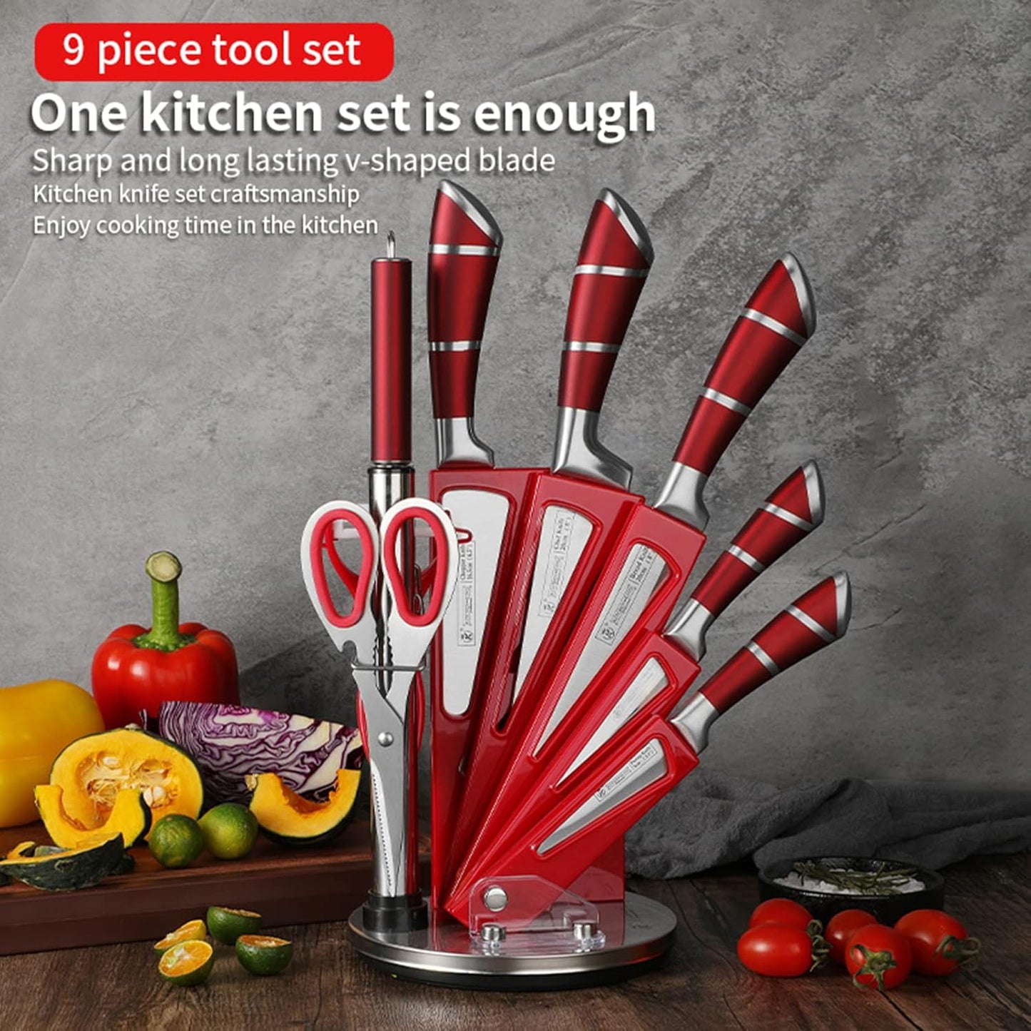 Elegant Purple 9-Piece Kitchen Knife Set with with Acrylic Block | Sharpener,Scissors,Dishwasher Safe Non Rust Sharp Stainless Steel Chef Knife Block Set,Gifts for Women Cooking