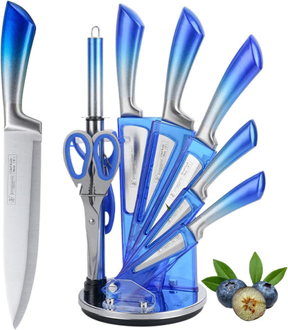 Elegant Purple 9-Piece Kitchen Knife Set with with Acrylic Block | Sharpener,Scissors,Dishwasher Safe Non Rust Sharp Stainless Steel Chef Knife Block Set,Gifts for Women Cooking