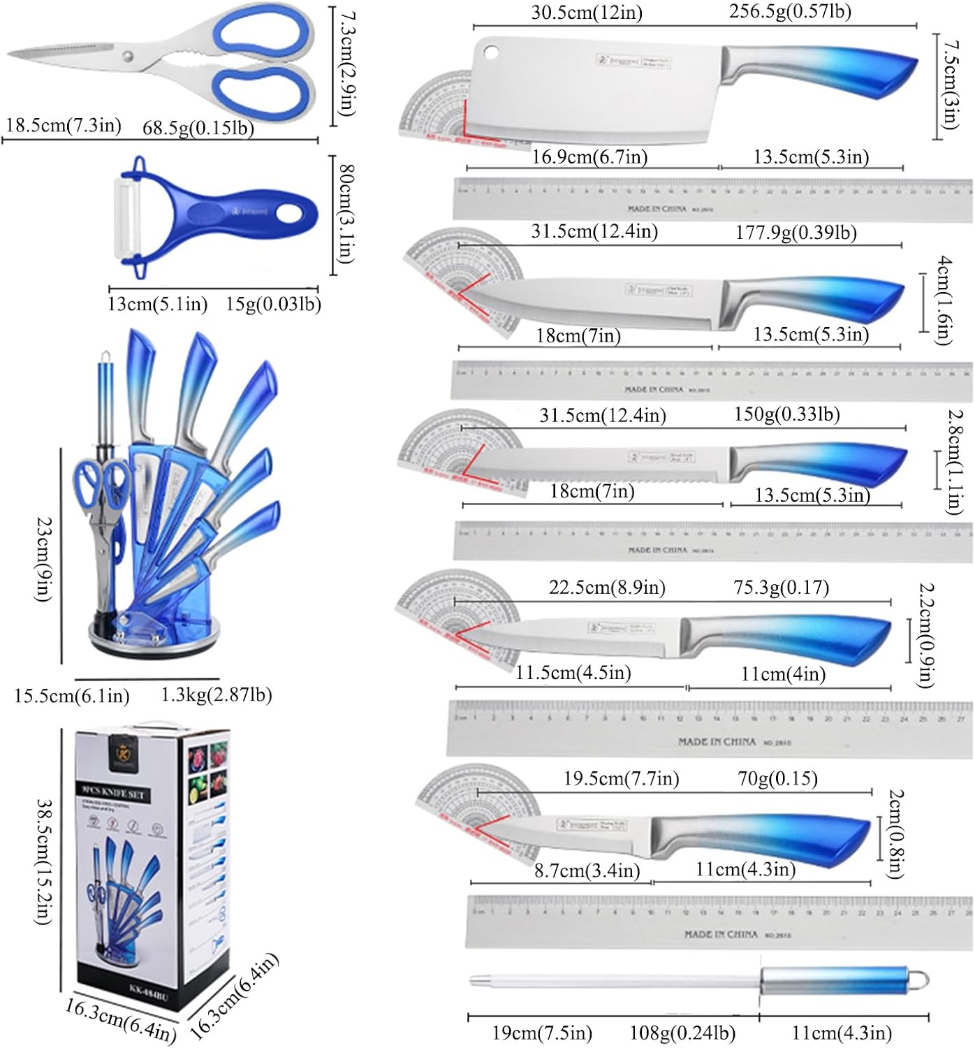 Elegant Purple 9-Piece Kitchen Knife Set with with Acrylic Block | Sharpener,Scissors,Dishwasher Safe Non Rust Sharp Stainless Steel Chef Knife Block Set,Gifts for Women Cooking