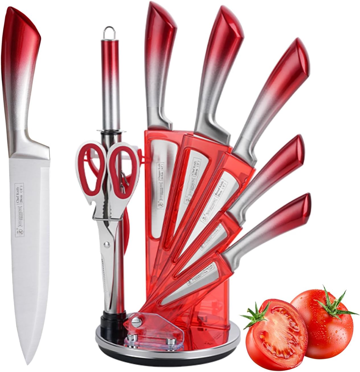 Elegant Purple 9-Piece Kitchen Knife Set with with Acrylic Block | Sharpener,Scissors,Dishwasher Safe Non Rust Sharp Stainless Steel Chef Knife Block Set,Gifts for Women Cooking