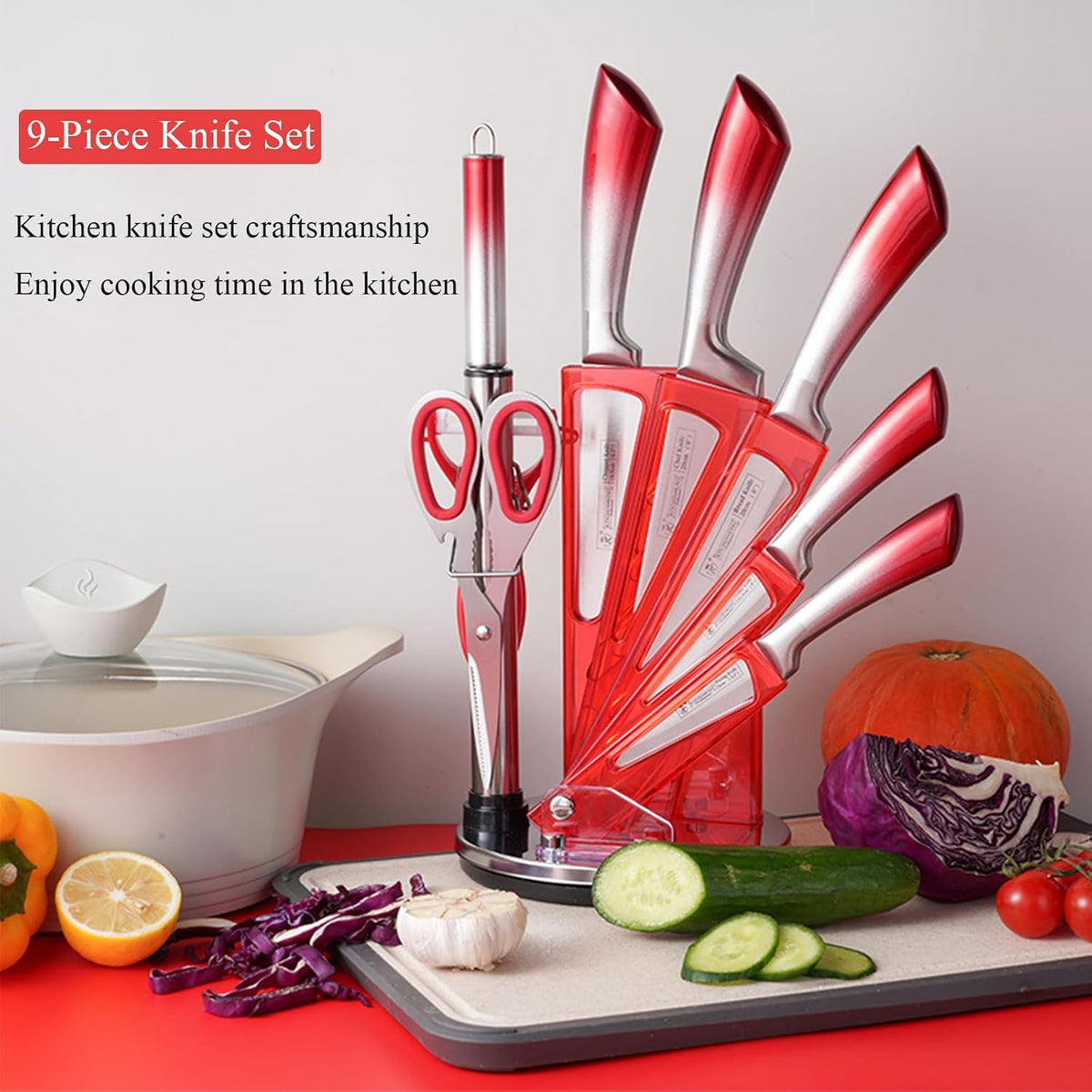 Elegant Purple 9-Piece Kitchen Knife Set with with Acrylic Block | Sharpener,Scissors,Dishwasher Safe Non Rust Sharp Stainless Steel Chef Knife Block Set,Gifts for Women Cooking