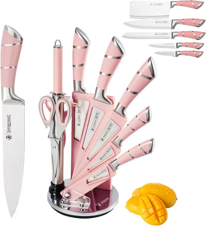 Elegant Purple 9-Piece Kitchen Knife Set with with Acrylic Block | Sharpener,Scissors,Dishwasher Safe Non Rust Sharp Stainless Steel Chef Knife Block Set,Gifts for Women Cooking