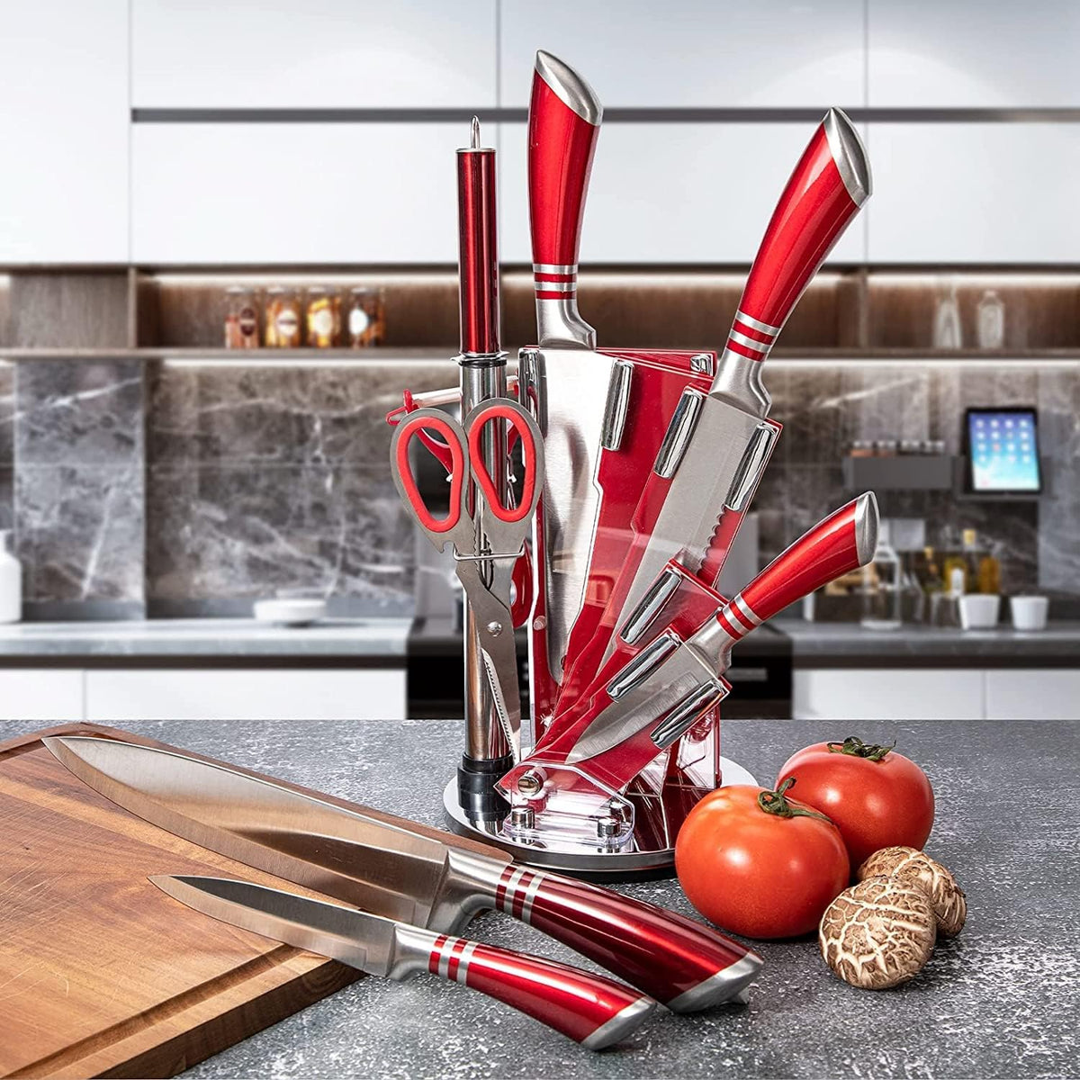 Elegant Purple 9-Piece Kitchen Knife Set with with Acrylic Block | Sharpener,Scissors,Dishwasher Safe Non Rust Sharp Stainless Steel Chef Knife Block Set,Gifts for Women Cooking