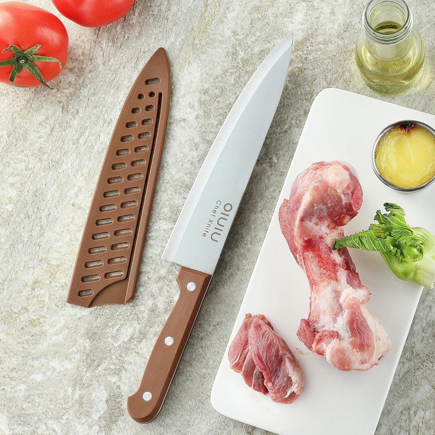 8 inch Chef Knife, Razor Sharp Kitchen Knife with Protective Knife Sheath, Razor Sharp Slicing Knife with Ergonomic Handle, German Stainless Steel, Dishwasher Safe (Brown Color)