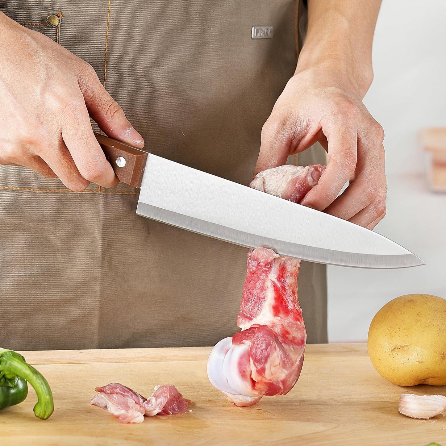 8 inch Chef Knife, Razor Sharp Kitchen Knife with Protective Knife Sheath, Razor Sharp Slicing Knife with Ergonomic Handle, German Stainless Steel, Dishwasher Safe (Brown Color)