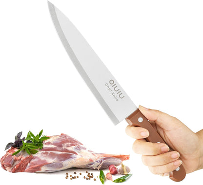 8 inch Chef Knife, Razor Sharp Kitchen Knife with Protective Knife Sheath, Razor Sharp Slicing Knife with Ergonomic Handle, German Stainless Steel, Dishwasher Safe (Brown Color)