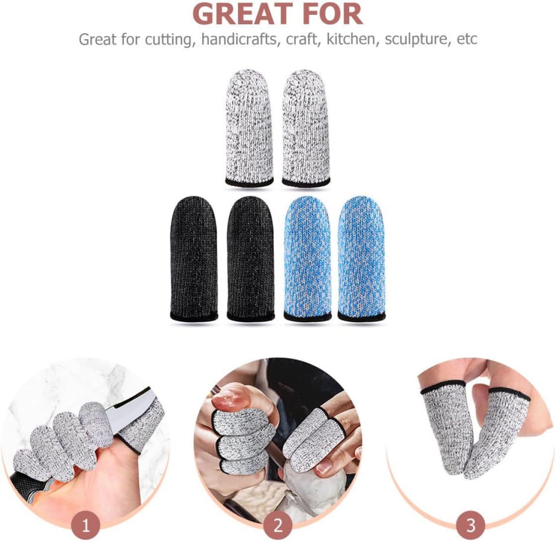 Cut Resistant Finger Sleeves 6pcs (3 Pairs) Hppe Wear Resistant Finger Protectors for Carving Kitchen and Industrial Use with 5-Level Abrasion Resistance Includes Gray Blue