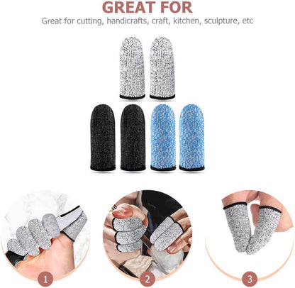 Cut Resistant Finger Sleeves 6pcs (3 Pairs) Hppe Wear Resistant Finger Protectors for Carving Kitchen and Industrial Use with 5-Level Abrasion Resistance Includes Gray Blue