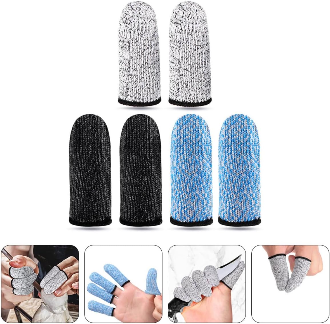 Cut Resistant Finger Sleeves 6pcs (3 Pairs) Hppe Wear Resistant Finger Protectors for Carving Kitchen and Industrial Use with 5-Level Abrasion Resistance Includes Gray Blue