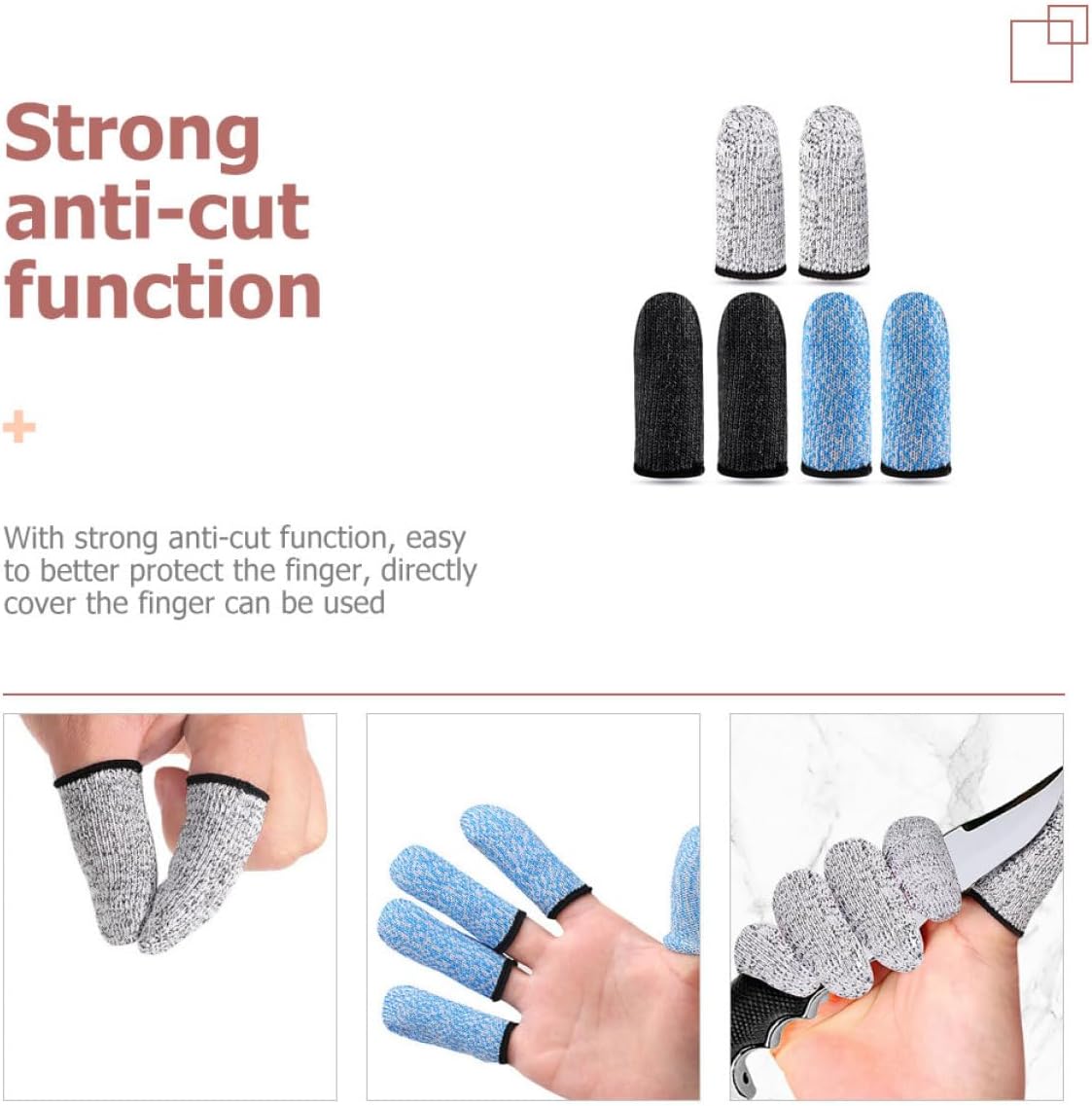 Cut Resistant Finger Sleeves 6pcs (3 Pairs) Hppe Wear Resistant Finger Protectors for Carving Kitchen and Industrial Use with 5-Level Abrasion Resistance Includes Gray Blue