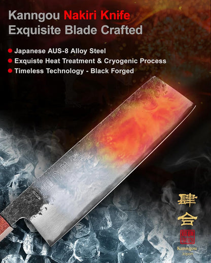 7 inch Nakiri Knife Japanese Chef Knife, AUS-8 Alloy Steel Vegetable Japanese Cleaver with Red Sandalwood and Eboy Wood Handle, Chopping Knife with Premium Gift Box (WA Series)