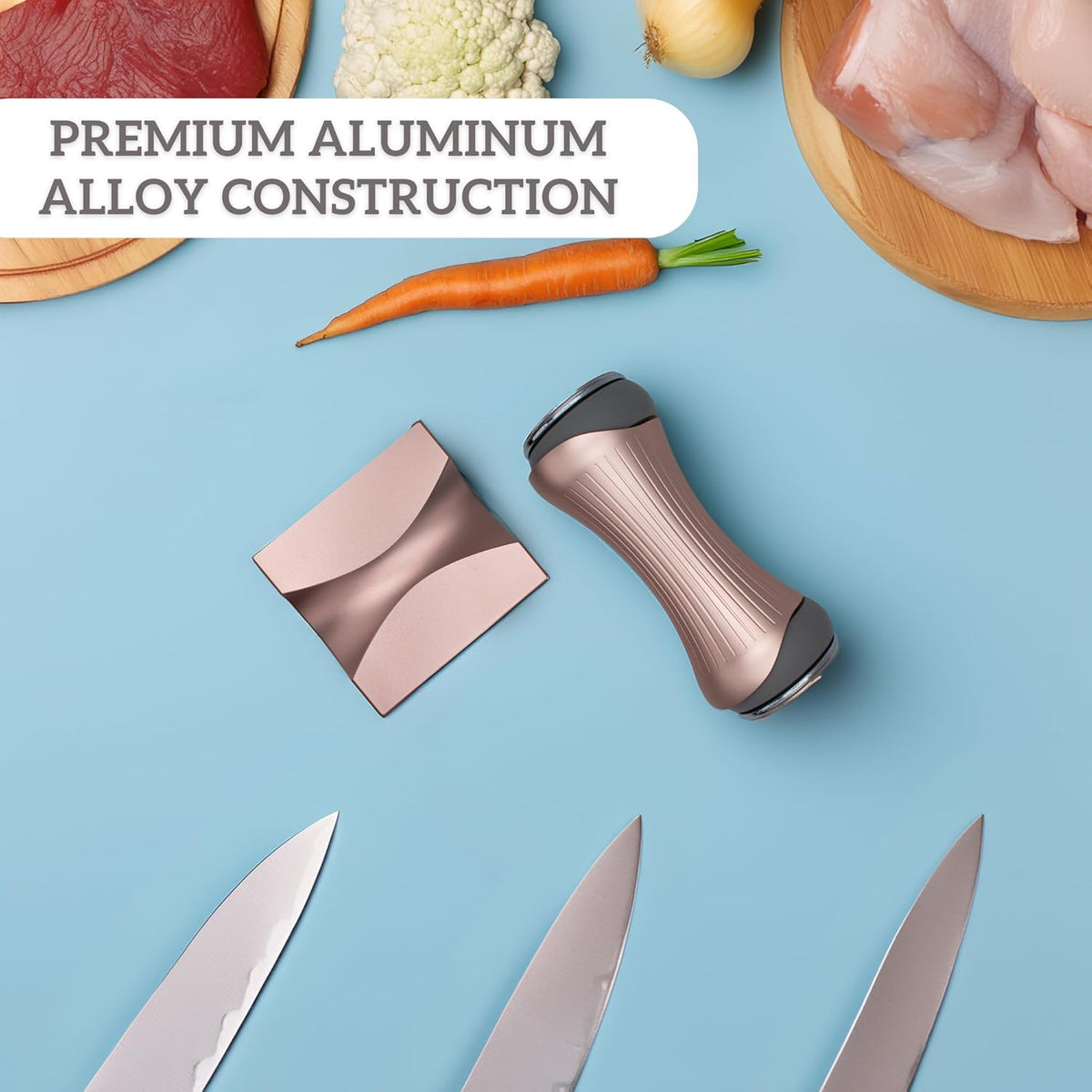 Onze Rolling Knife Sharpener | For 15 18 20 22 Degree Knives | Ceramic Whetstone & Diamond Grit | Strong Magnet Anti Rolling Ergonomic Grip | Pink Gold