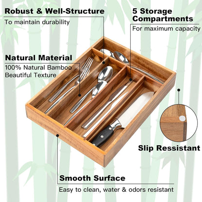 Silverware Organizer Bamboo Kitchen Drawer Organizer Utensil Organizer Silverware Holder Cutlery Organizer in drawer Flatware Organizer Tray (Black 5 Slots)