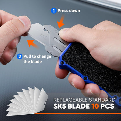 Aluminum Alloy Utility Knife, Box Cutter,Cute Heavy Duty Pocket Knife, Safety Replaceable Blade EDC Razor Knives with 10Pcs Replaced Blades,Black