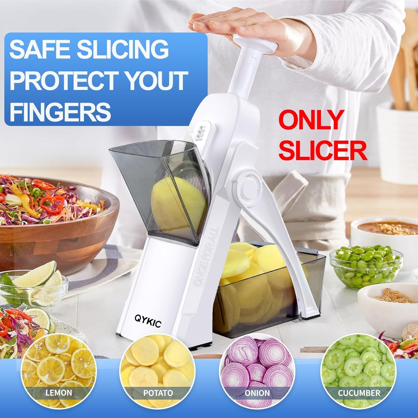 QYKIC Safe Mandoline Slicer, Potato Clips Slicer, Vegetable Food Slicer, Thickness Adjustable for Cucumber Onion Carrot Lemon (Only Slicer White)
