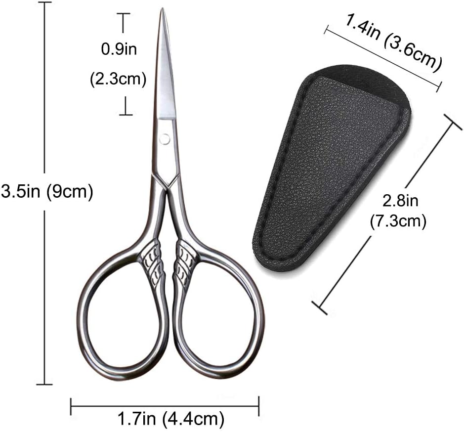 Small Precision Scissors, 3.5in Beauty Grooming Kit | Stainless Steel, Multi-Purpose Travel Tools for Facial Hair, Eyebrow, Eyelash, Beard, Moustache Trimming, with PU Sheath