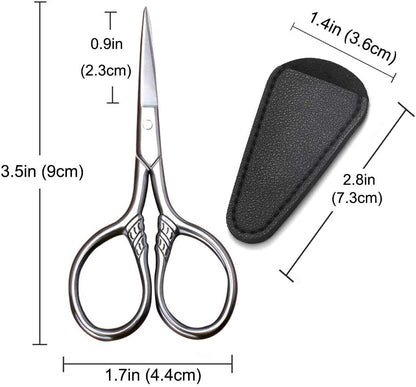 Small Precision Scissors, 3.5in Beauty Grooming Kit | Stainless Steel, Multi-Purpose Travel Tools for Facial Hair, Eyebrow, Eyelash, Beard, Moustache Trimming, with PU Sheath