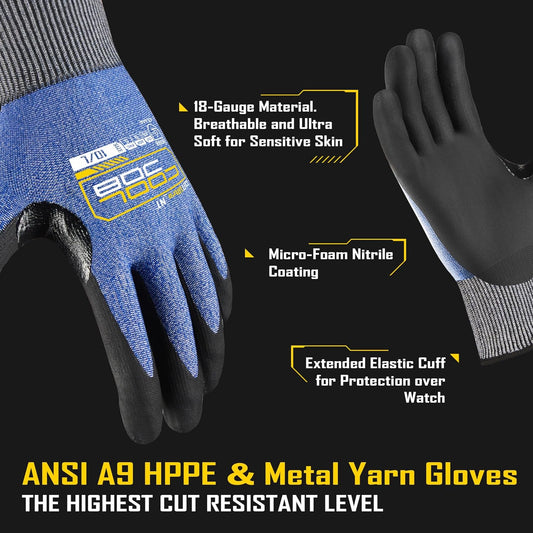 A9 Cut Resistant Safety Work Gloves with Grip, Touchscreen Nitrile Coated Heavy-duty for Glass Metal Sheet Handling