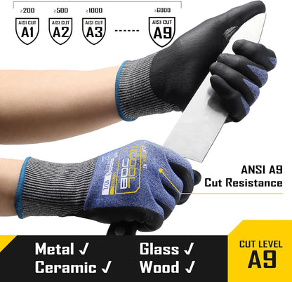 A9 Cut Resistant Safety Work Gloves with Grip, Touchscreen Nitrile Coated Heavy-duty for Glass Metal Sheet Handling