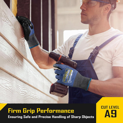A9 Cut Resistant Safety Work Gloves with Grip, Touchscreen Nitrile Coated Heavy-duty for Glass Metal Sheet Handling