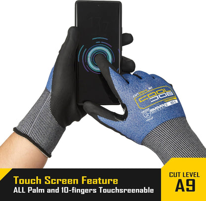 A9 Cut Resistant Safety Work Gloves with Grip, Touchscreen Nitrile Coated Heavy-duty for Glass Metal Sheet Handling