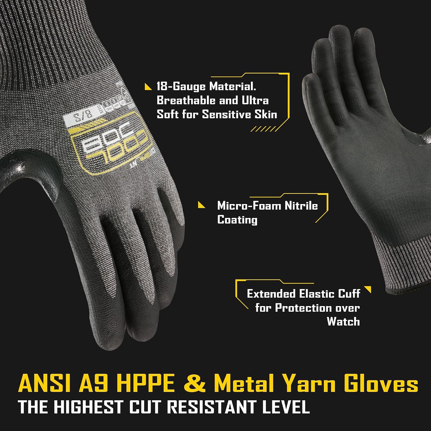A9 Cut Resistant Safety Work Gloves with Grip, Touchscreen Nitrile Coated Heavy-duty for Glass Metal Sheet Handling