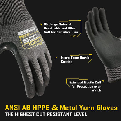 A9 Cut Resistant Safety Work Gloves with Grip, Touchscreen Nitrile Coated Heavy-duty for Glass Metal Sheet Handling