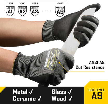 A9 Cut Resistant Safety Work Gloves with Grip, Touchscreen Nitrile Coated Heavy-duty for Glass Metal Sheet Handling