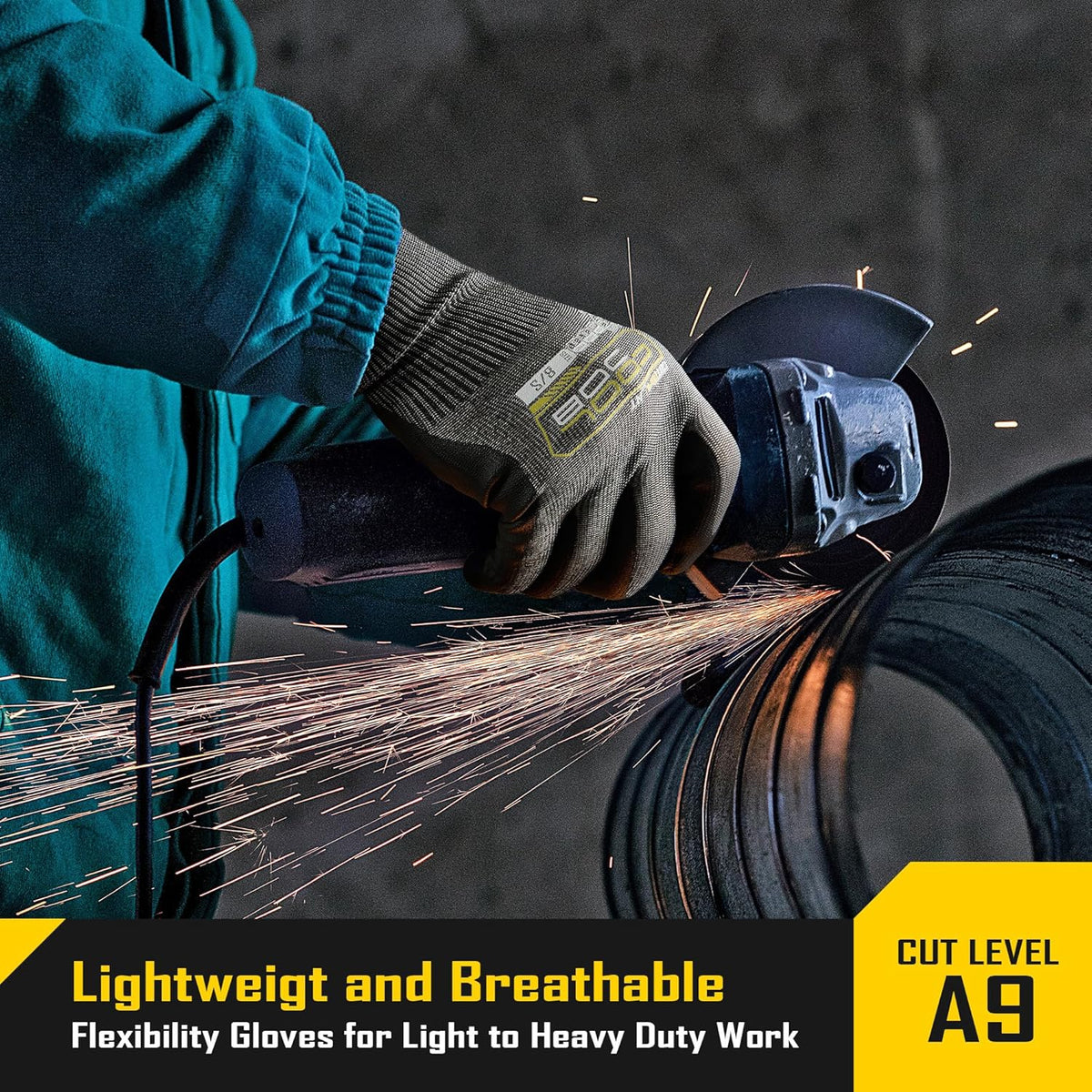 A9 Cut Resistant Safety Work Gloves with Grip, Touchscreen Nitrile Coated Heavy-duty for Glass Metal Sheet Handling